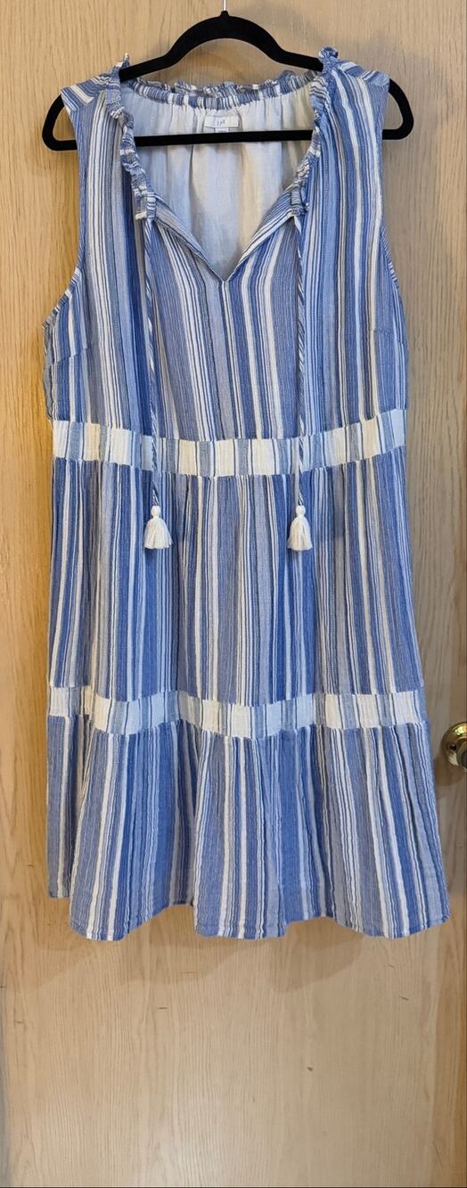 J.Jill Blue White Striped Cotton Gauze Tiered Tassel Dress 2X